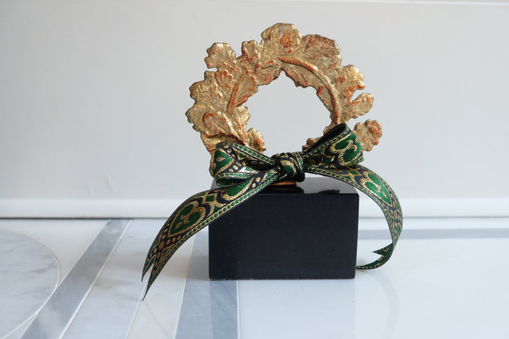 French Wreath with Black Base with Bespoke Ribbon - Gilded Green