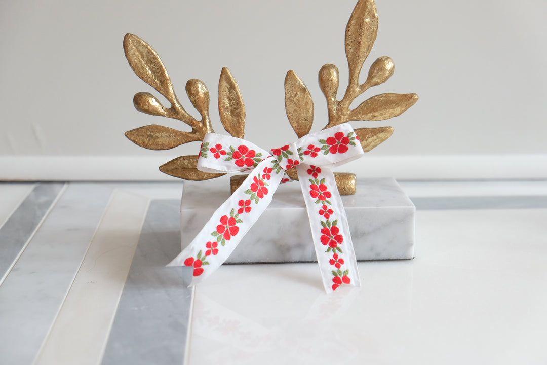 French Olive Branch with Bespoke Ribbon - White & Red Poppies