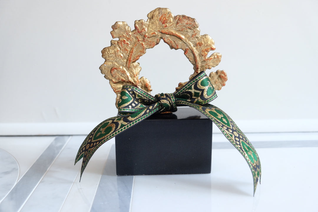 French Wreath with Black Base with Bespoke Ribbon - Gilded Green