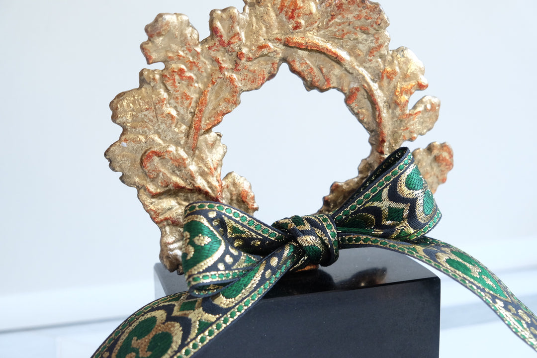 French Wreath with Black Base with Bespoke Ribbon - Gilded Green