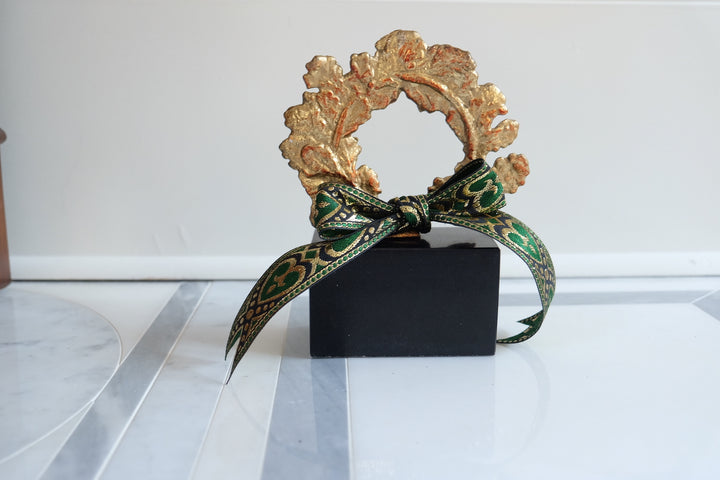 French Wreath with Black Base with Bespoke Ribbon - Gilded Green
