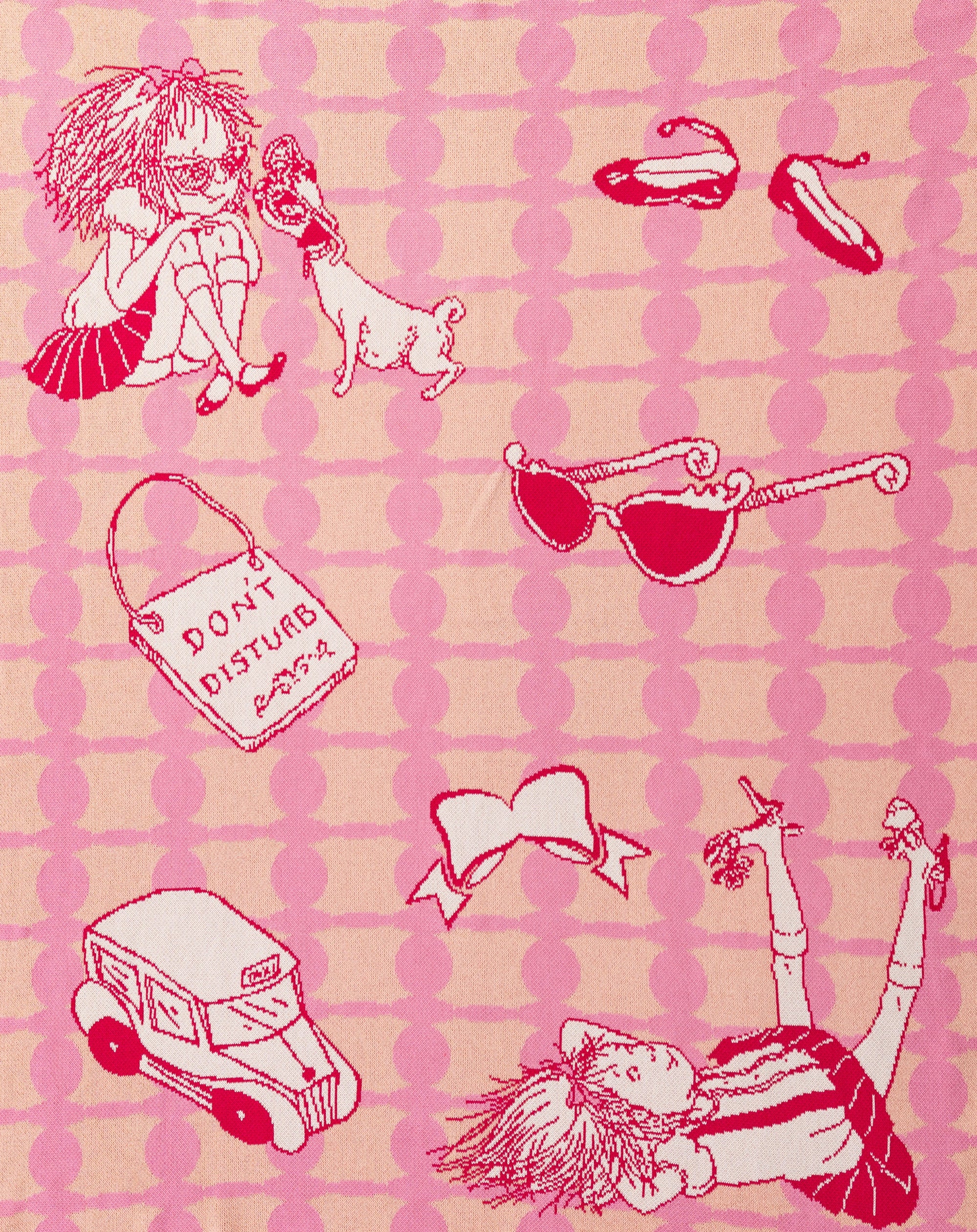 Illustrations of Eloise, Weenie, Taxi cab, and Don't Disturb sign against pattern on knit blanket 