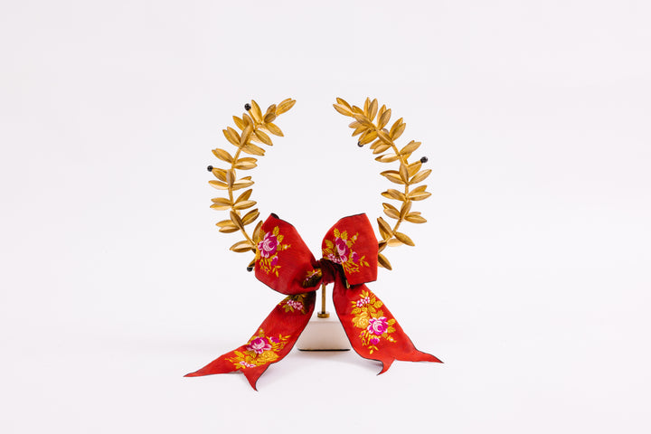 French Wreath with Bespoke Ribbon - Wide Red Floral